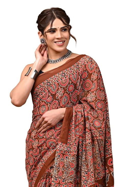Crafts Moda Hand Block Ajrakh Print Cotton Saree For Women With Blouse